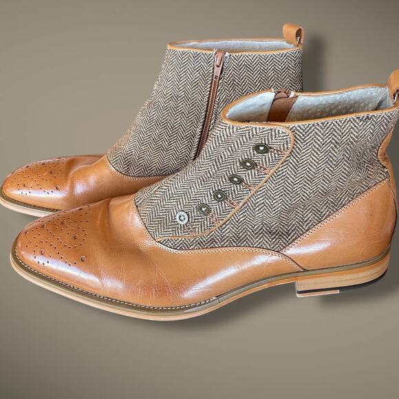 Men's Sz 11 GIOVANNI Edison Light Cognac Brown Leather Tweed Button Spat Boots - Picture 2 of 13